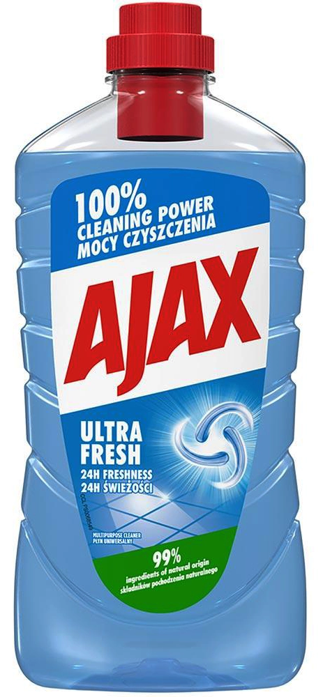AJAX Płyn uniwersalny 1L ULTRA FRESH, niebieska butelka z czerwoną nakrętką, uniwersalny środek czyszczący.