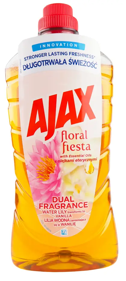 AJAX Płyn uniwersalny 1L LILIA+WANILIAFLORAL FIESTA Płyn AJAX to uniwersalny środek czyszczący, który możesz bezpiecznie stosować do każdej powierzchni. Na trudne zabrudzenia można użyć płynu bezpośrednio z butelki, a do mycia podłogi wydajnie rozcieńczyć. Niewidoczna warstwa ochronna zapobiega przed os...