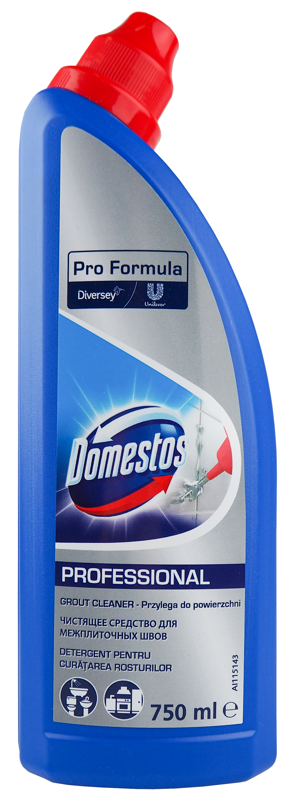 Domestos Prof. Grout Cleaner 750mlPreparat do czyszczenia fug Domestos Prof. Grout Cleaner 750ml preparat do czyszczenia fug w niebieskiej butelce z czerwonym rozpylaczem.
