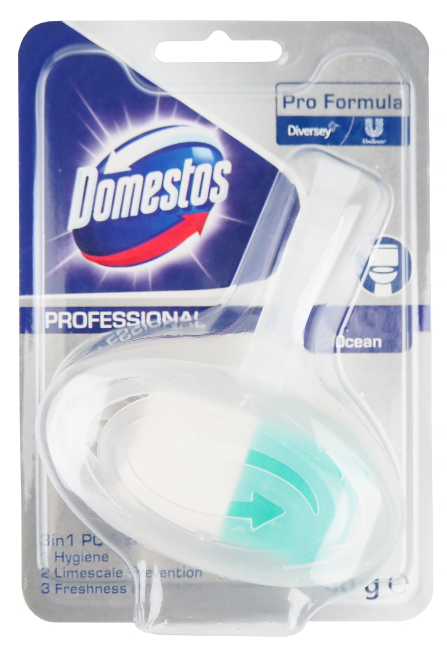 Kostka WC Domestos Rim Blocks Ocean 40g zawieszana na brzegu muszli, kolor niebieski i turkusowy.