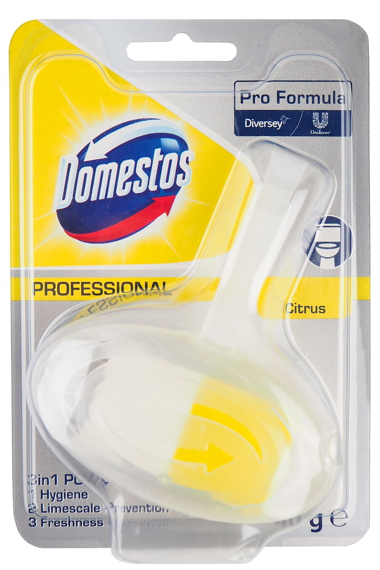 Kostka do wc Domestos Professional Citrus Rim Blocks chroni toaletę przed osadzaniem się kamienia oraz pozostawia świeży zapach. Higieniczna aplikacja jednorazowego koszyczka.