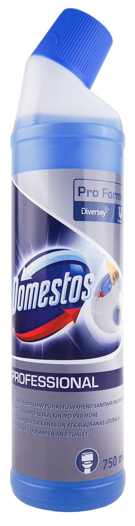 Domestos Professional Toilet Limescale Remover 750 ml, kwasowy odkamieniacz do toalet w białoniebieskiej butelce z niebieskim zakręconym wieczkiem.