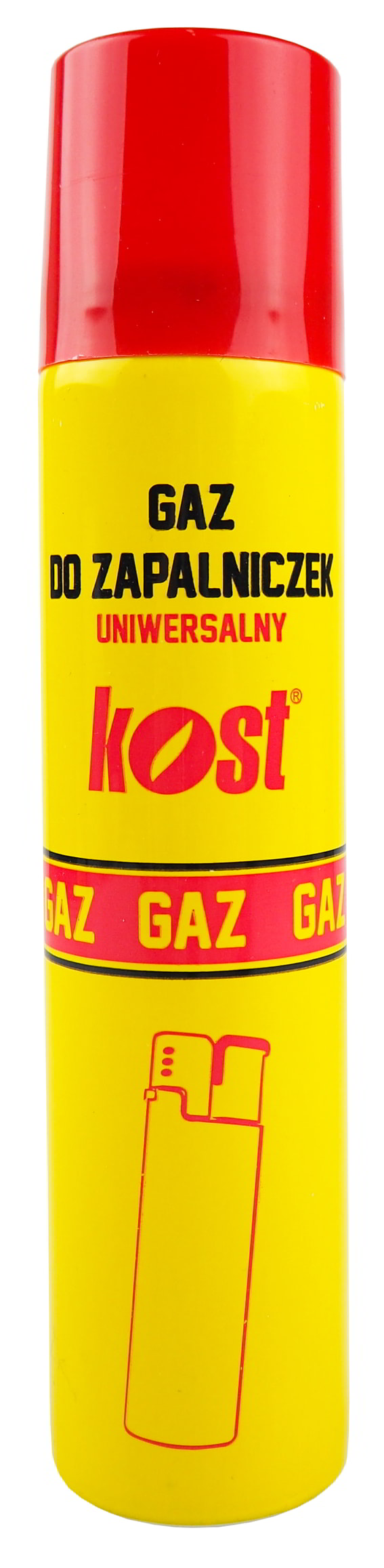 Gaz do zapalniczek 90ml KOST uniwersalny w żółto-czerwonym aerozolu