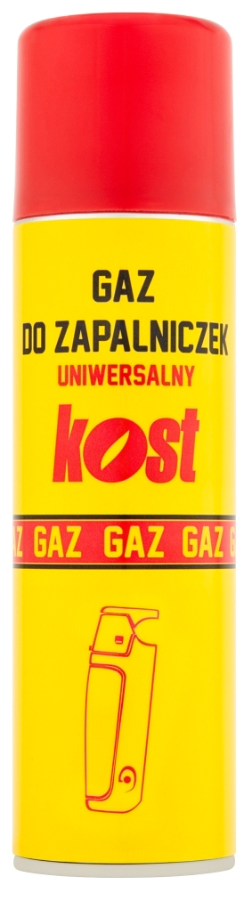 Gaz do zapalniczek KOST 250ml uniwersalny w aerozolu w żółto-czerwonym opakowaniu.