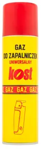 Gaz do zapalniczek KOST 250ml uniwersalny w aerozolu w żółto-czerwonym opakowaniu.