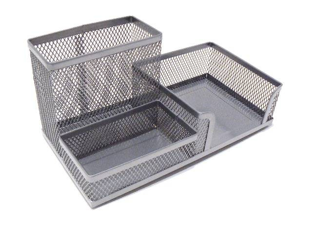 Przybornik metalowy srebrny na karteczki biurowe z siatką i przegrodami, wymiary 17x8x14cm
