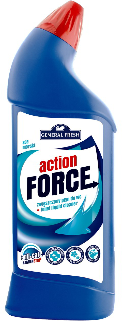 Płyn do WC General Fresh ACTION GEL FORCE 1L GLACIER MORSKI Płyn do WC General Fresh Action Force 1L o zapachu morskim w niebieskiej butelce z czerwoną nakrętką
