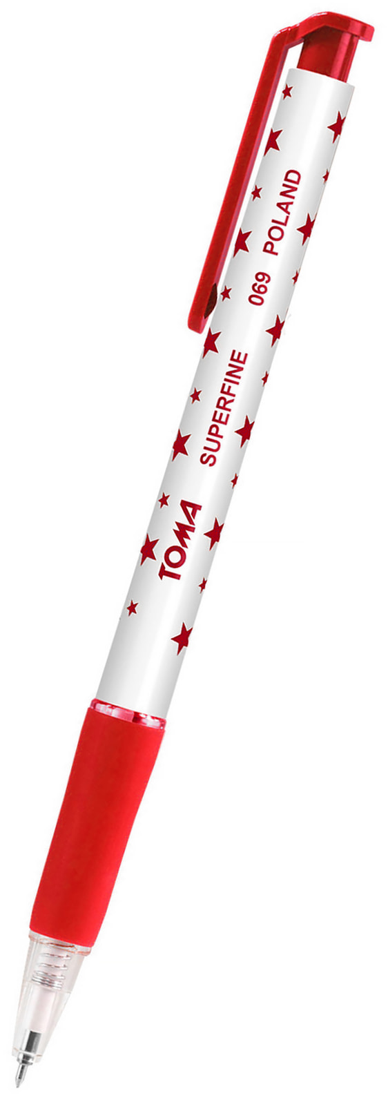 Długopis Toma GWIAZDKA Czerwony Długopis w plastikowej obudowie w gwiazdki w kolorze tuszu. Trwały mechanizm włączający, wygodny, gumowany uchwyt. Wkład: 0,5mm. Kolor czerwony