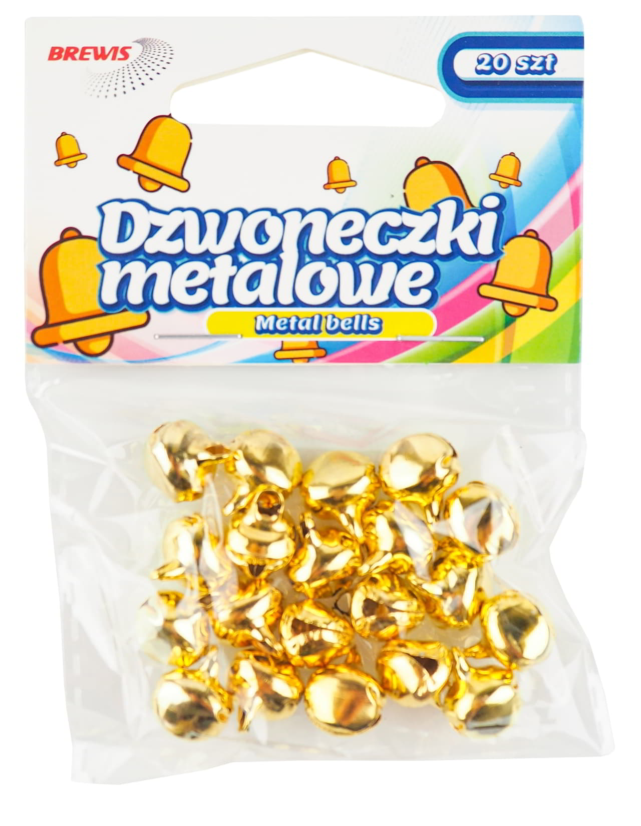 Dzwoneczki metalowe złote 1,2cm w opakowaniu 20 sztuk marki Brewis do dekoracji.
