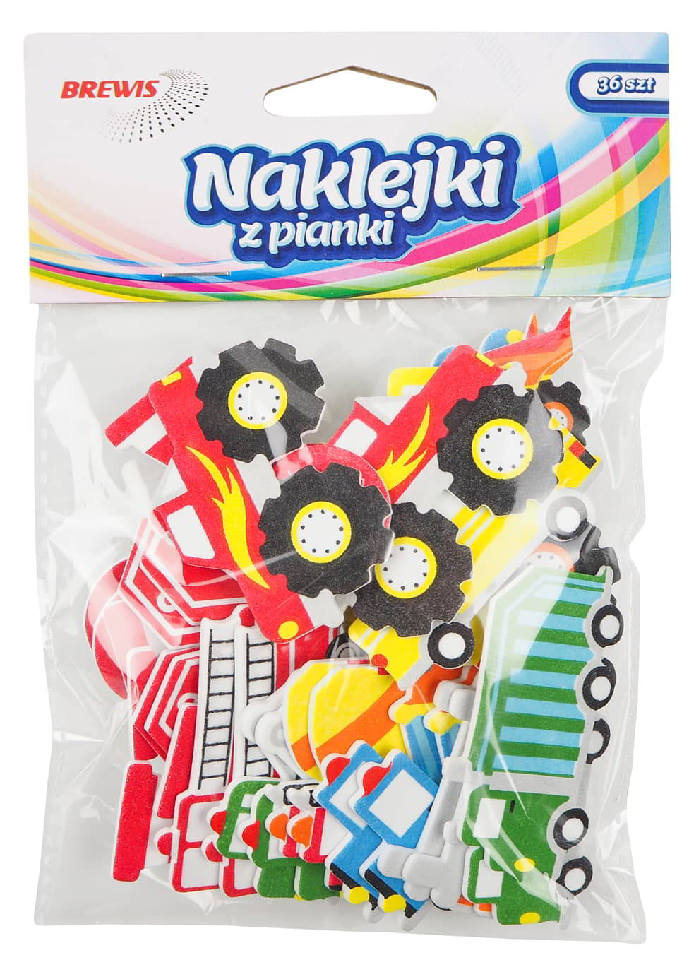 Naklejki z pianki ULICA 36 sztuk, motyw pojazdów i budynków w kolorach, opakowanie BREWIS