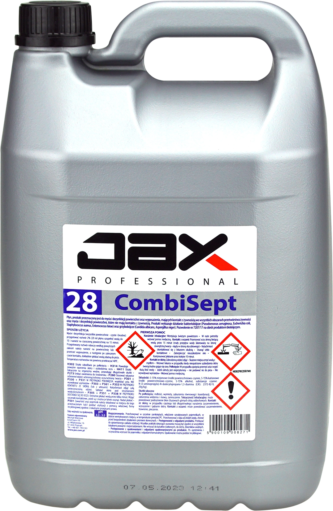 JAX CombiSept 10L koncentrat do dezynfekcji powierzchni w przemyśle spożywczym, srebrny kanistr z uchwytem