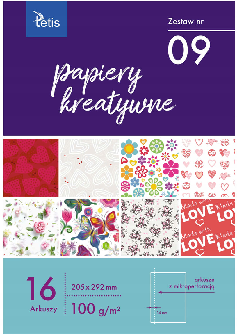 Zestaw 16 jednostronnie zadrukowanych arkuszy ozdobnych. Oprawa zeszytowa. Arkusze posiadają mikroperforację ułatwiającą odrywanie. Papiery ozdobne idealne do prac twórczych, zaproszeń, kartek okolicznościowych, laurek czy zdobienia pudełek prezentowyc...