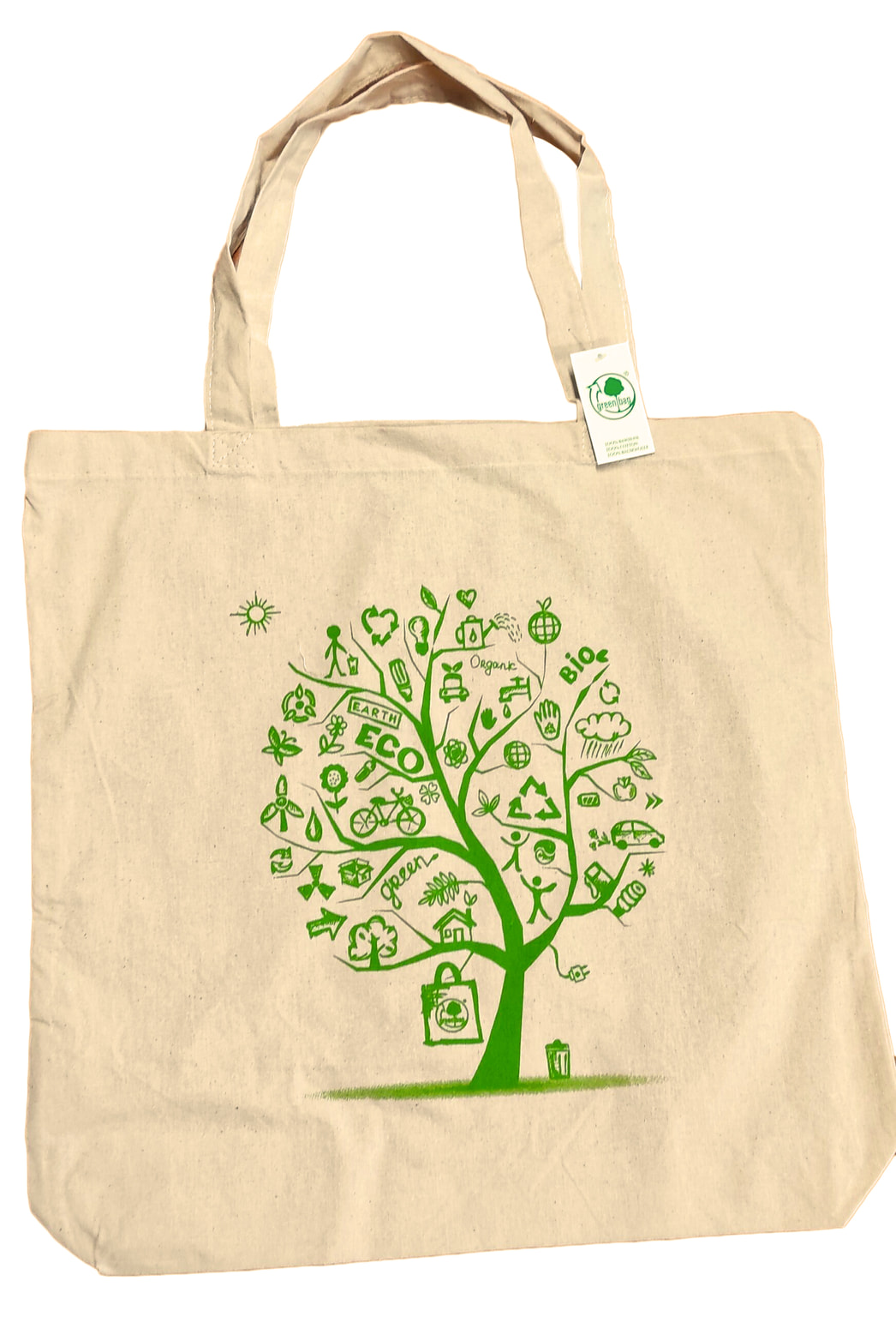Torba zakupowa bawełniana 45x45 cm beżowa z zielonym nadrukiem ekologicznego drzewa i ikonami, długie ucha