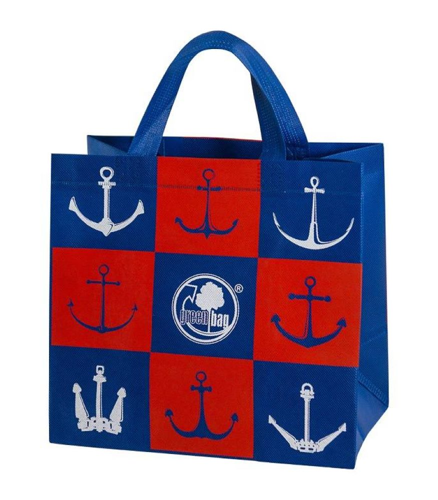 Torba zakupowa materiałowa granatowo-czerwona w szachownicę ze wzorem kotwic i logo Green Bag.