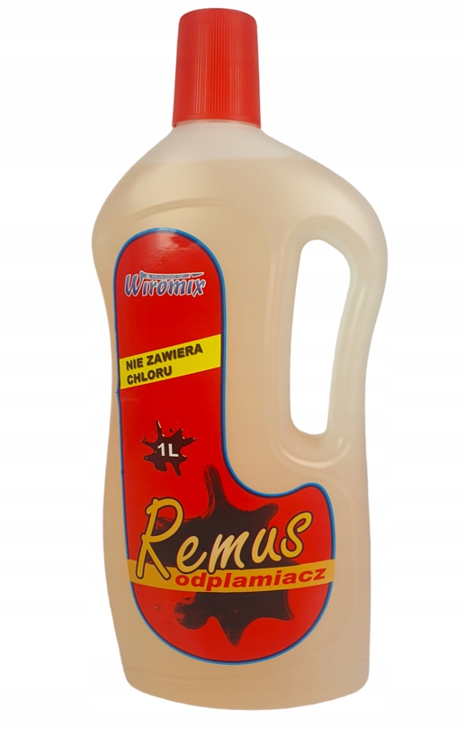 Odplamiacz do tkanin Remus 1L bez chloru w butelce z czerwoną zakrętką.