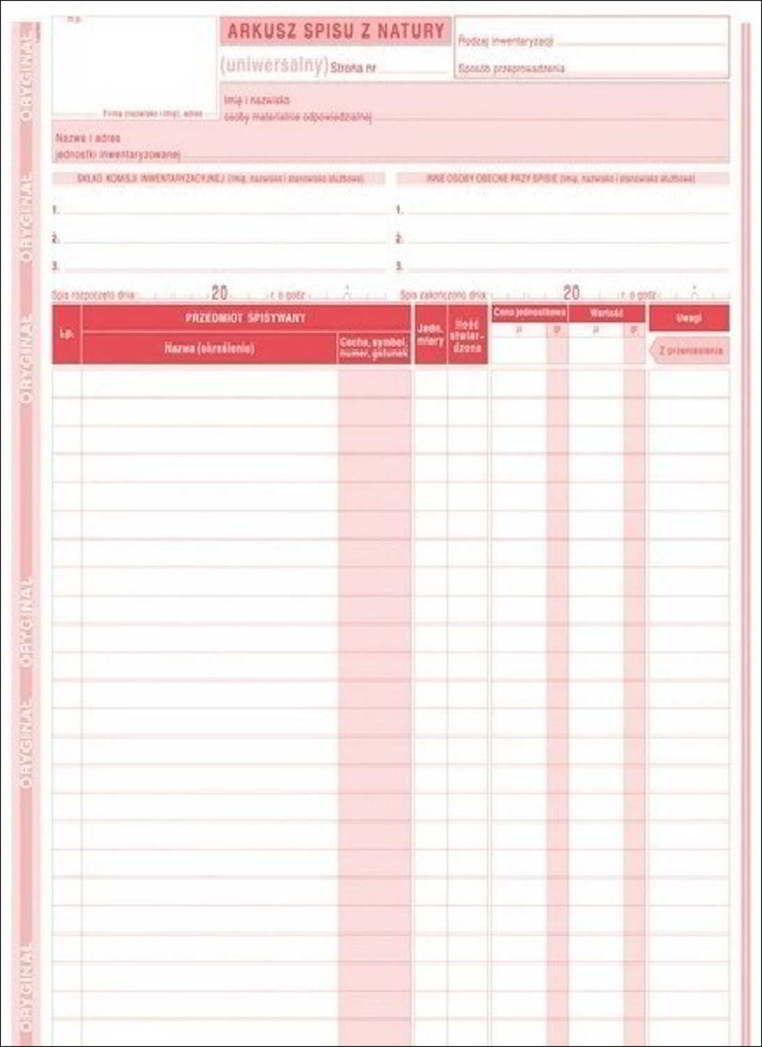 DR Arkusz Spisu z natury A4 Typ 341-1 Druki akcydensowe przeznaczone do wypełniania, wykorzystywane w czynnościach urzędowych, handlowych. Niezbędne w funkcjonowaniu firm, urzędów i innych jednostek zgodnie z obowiązującymi normami prawnymi.