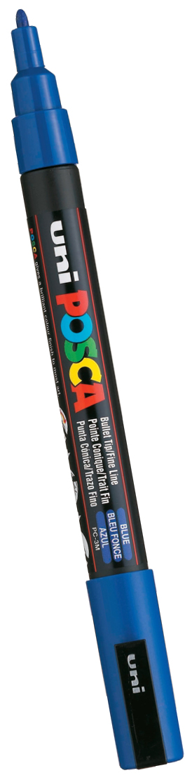 Marker z Farbą plakat.UNI PC-3M POSCANiebieski nr 33 Uniwersalny marker z farbą plakatową do pisania i malowania po każdej powierzchni: papierze, tkaninie, plastiku, terakocie, szkle, porcelanie, metalu, drewnie. Pigmentowy tusz na bazie wody nie przesiąka przez papier, zapewnia spójną teksturę od począt...