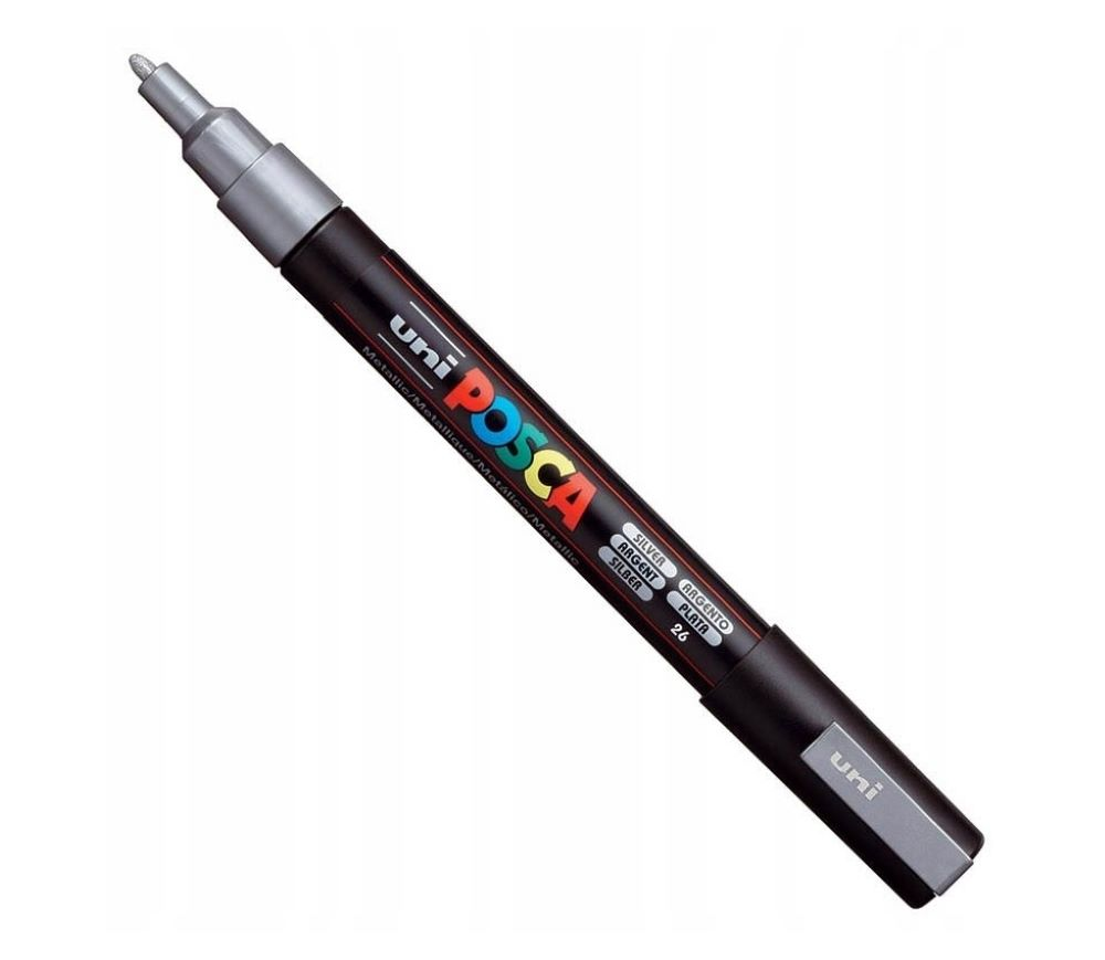 Marker Uni Posca PC-3M srebrny z cienką końcówką do pisania i malowania.