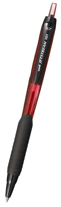 Długopis Jetstream UNI SXN-101 0,7 mm z czerwonym tuszem, czarnym gumowym uchwytem i przezroczystą czerwoną obudową.