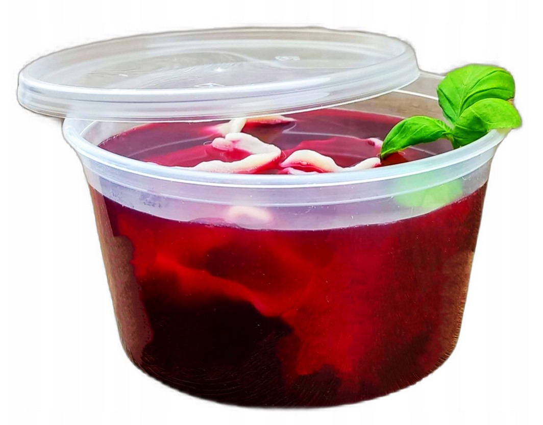 Pojemnik PP okrągły 350ml przeźroczysty z pokrywką, zawierający napój, opakowanie 50 sztuk