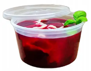Pojemnik PP okrągły 350ml przeźroczysty z pokrywką, zawierający napój, opakowanie 50 sztuk