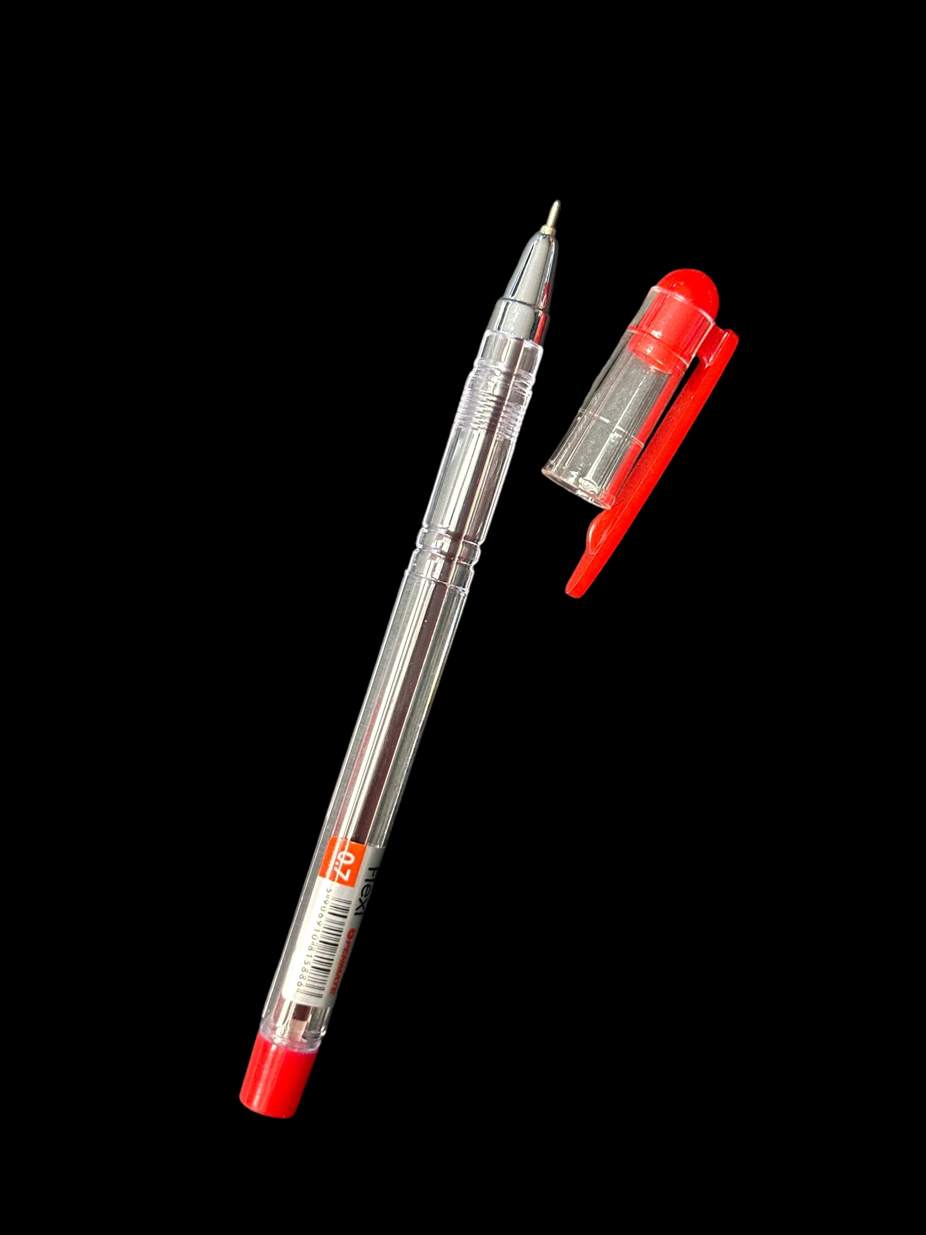Długopis Flexi Penmate 0,7mm czerwony z przezroczystą tulejką i czerwonym gumowanym uchwytem.