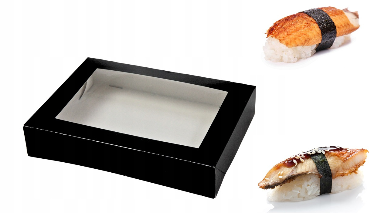 Pudełko na sushi czarne z okienkiem, wymiary 260x190x50 mm, do pakowania i prezentacji.