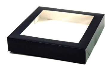 Pudełko na sushi czarne z okienkiem 250x250x50 mm, jednoczęściowe, klejone