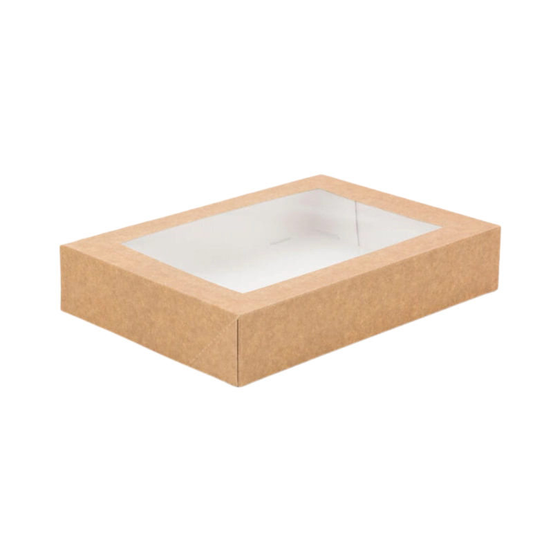 Pudełko na sushi kraft z okienkiem, wymiary 260x190x50 mm, jednoczęściowe klejone.