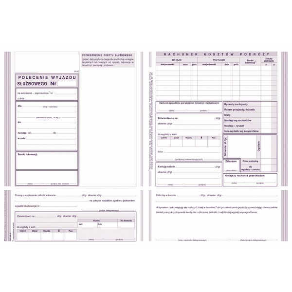 DR Polecenie wyjazdu słuzbow. A5 Druki akcydensowe przeznaczone do wypełniania, wykorzystywane w czynnościach urzędowych, handlowych. Niezbędne w funkcjonowaniu firm, urzędów i innych jednostek zgodnie z obowiązującymi normami prawnymi.