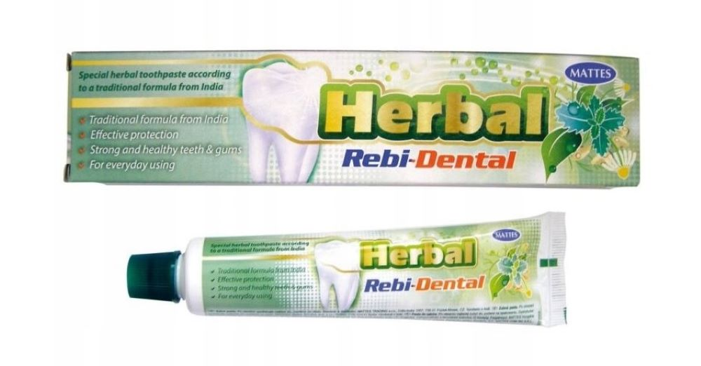 Pasta do zębów MATTES Rebi-Dental Herbal 100g z tradycyjną indyjską recepturą w tubie z zieloną nakładką