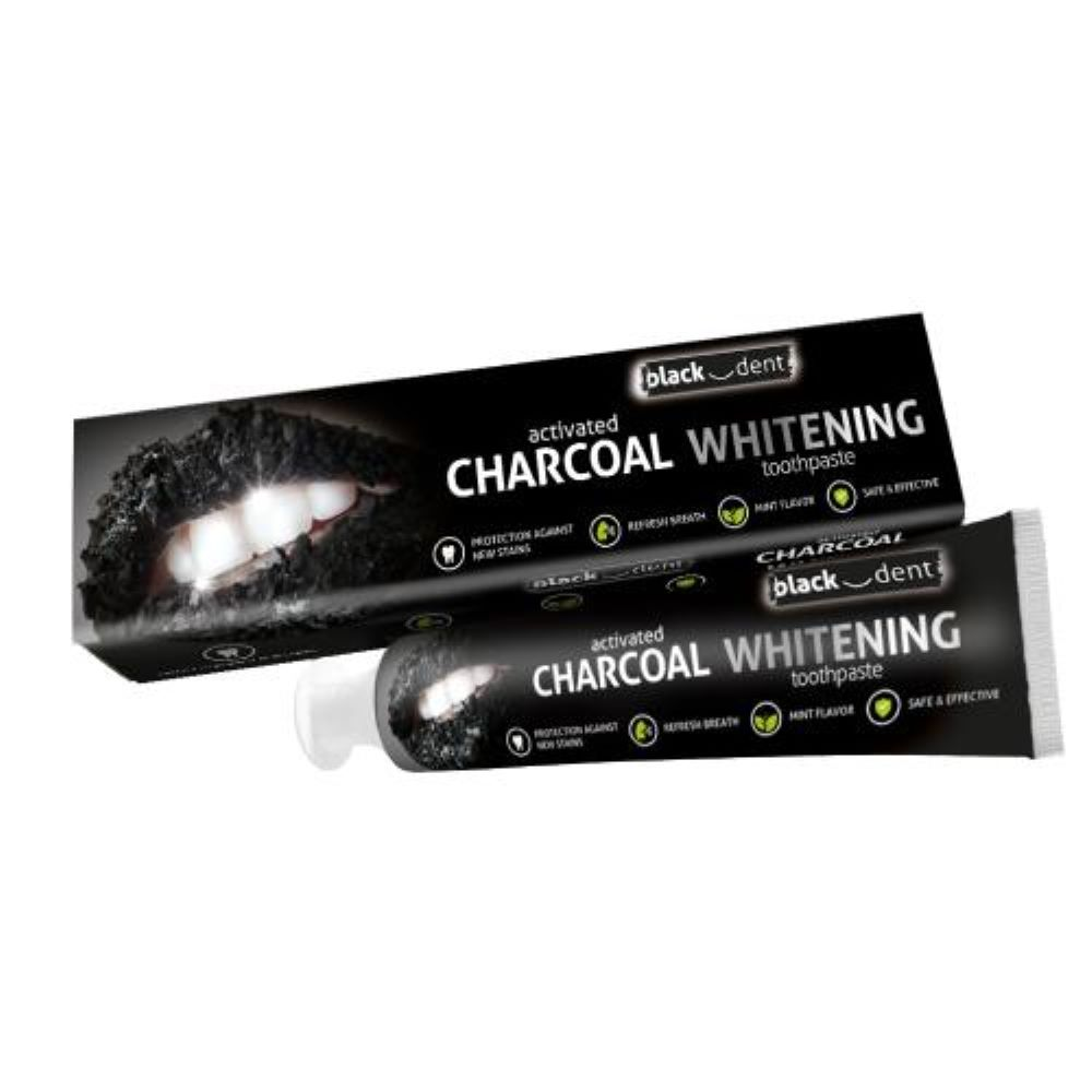 Pasta do zębów BLACK-DENT 75ml Charcoal Whitening w opakowaniu pudełka i tuby, z aktywnym węglem do wybielania.
