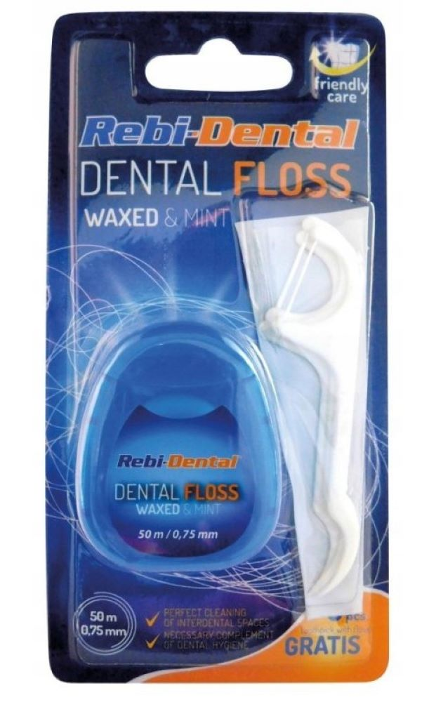 Nić dentystyczna Rebi-Dental woskowana mięta 50m, opakowanie z etui i niciami gratis