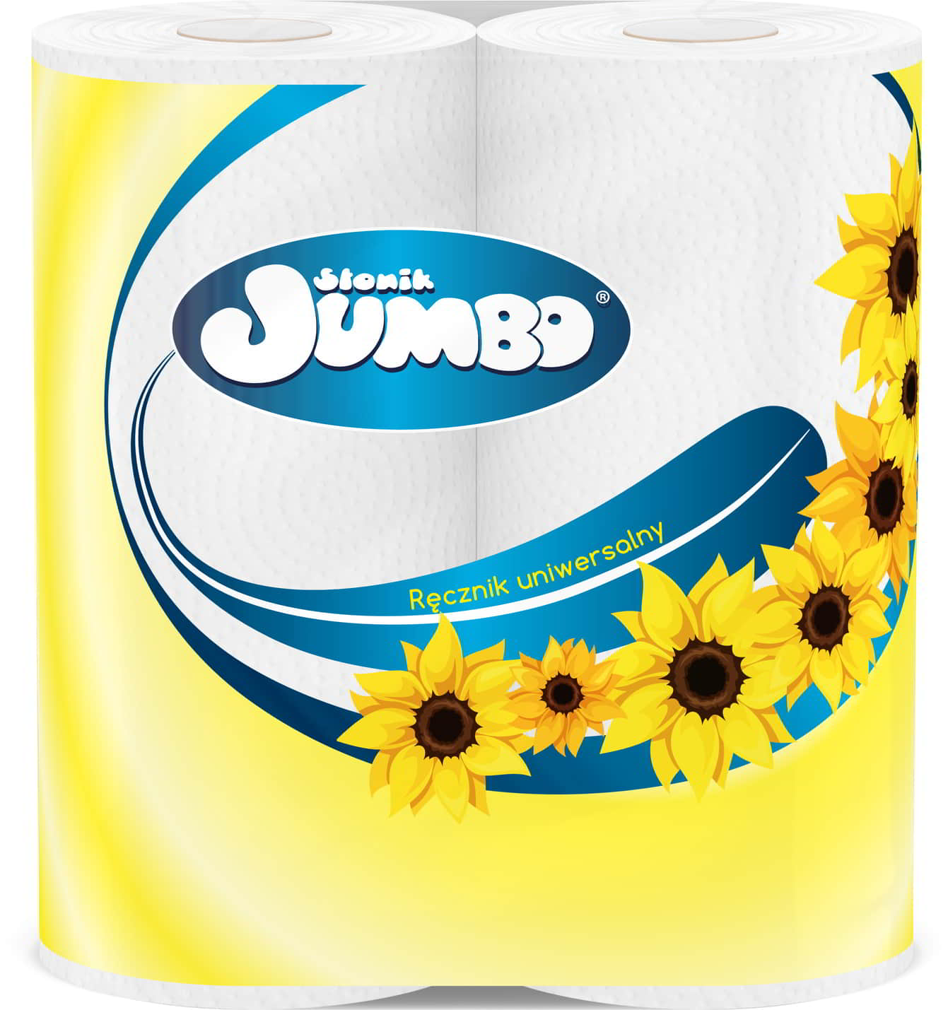 Ręcznik kuchenny Słonik Jumbo 2 sztuki, 2 warstwowy, uniwersalny, opakowanie z żółtą i niebieską grafiką.