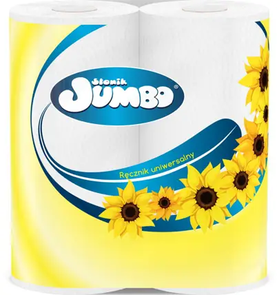 Ręcznik kuchenny Słonik Jumbo 2 sztuki, 2 warstwowy, uniwersalny, opakowanie z żółtą i niebieską grafiką.