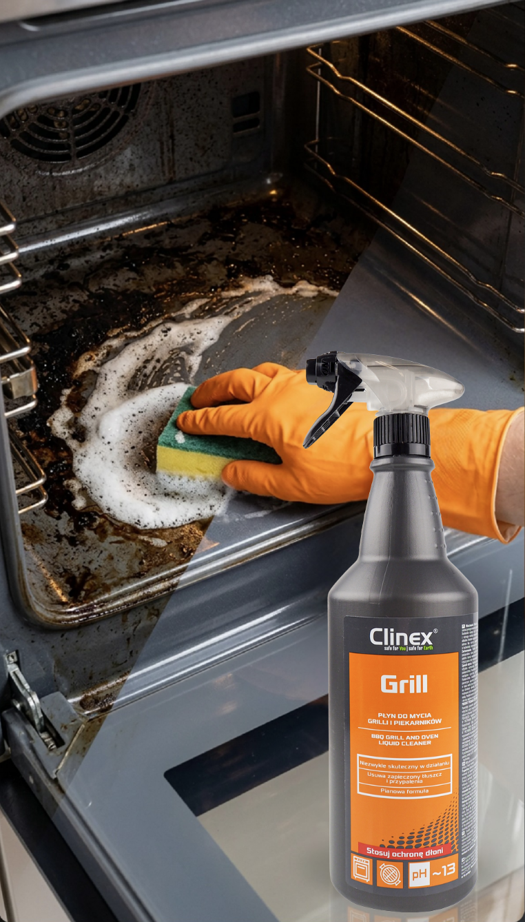 Clinex Grill preparat do czyszczenia grilli spray 1L z atomizerem trigger, w zastosowaniu do czyszczenia piekarnika.