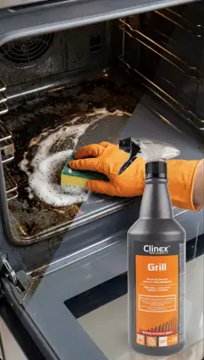 Clinex Grill preparat do czyszczenia grilli spray 1L z atomizerem trigger, w zastosowaniu do czyszczenia piekarnika.