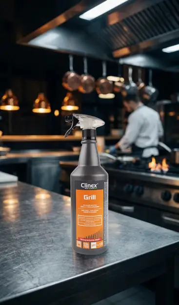 Clinex Grill preparat do czyszczenia grilli spray 1L z atomizerem trigger na blacie kuchni gastronomicznej.