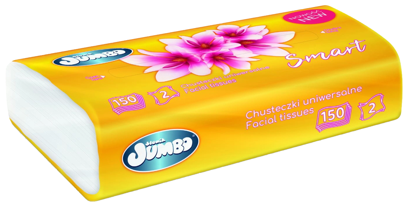Chusteczki higieniczne 2-warstwowe 150 sztuk Jumbo w żółtym foliopaku.