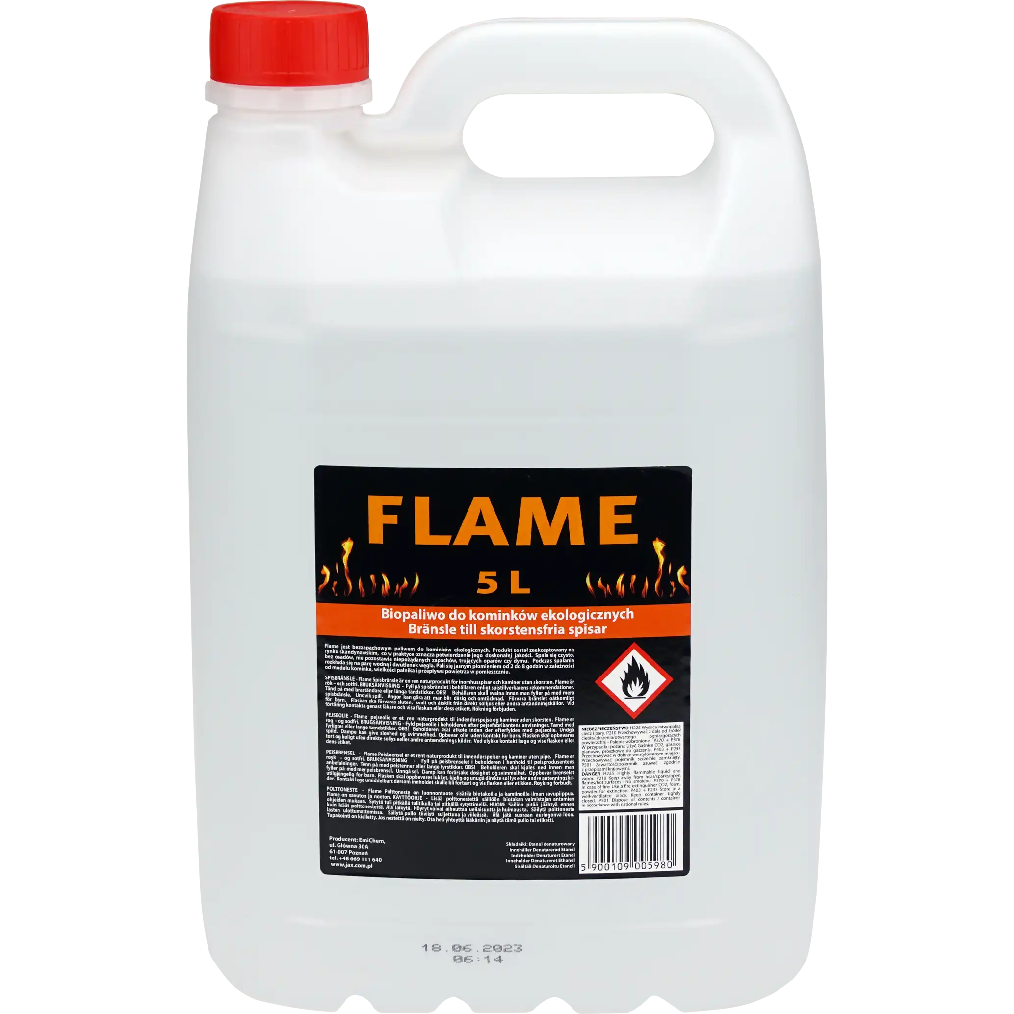 Biopaliwo do kominków ekologicznych FLAME 5L w plastikowym opakowaniu z czerwoną nakrętką.
