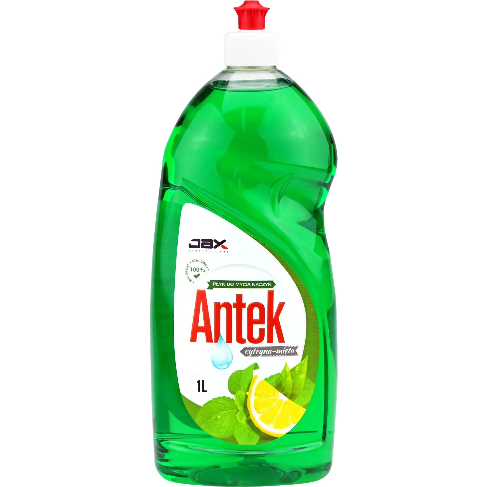 Płyn do mycia naczyń JAX ANTEK cytryna-mięta 1L, zielony, w plastikowej butelce z czerwonym dozownikiem