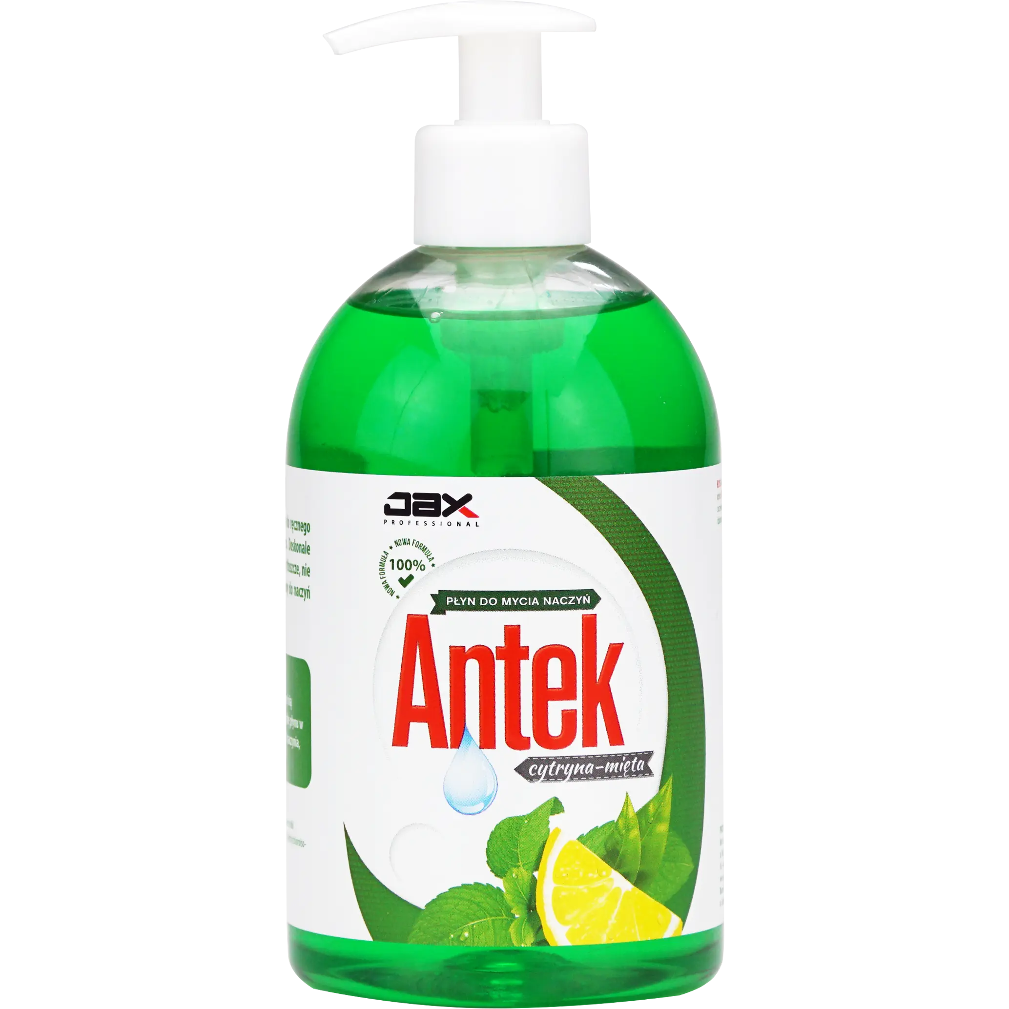 Płyn do mycia naczyń JAX Antek cytryna-mięta 0,5l w zielonej butelce z pompką.