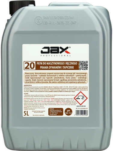 JAX do prania dywanów i tapicerki 20 5L maszynowego i ręcznego *Skoncentrowany preparat do czyszczenia dywanów i tapicerki
*Usuwa plamy i neutralizuje nieprzyjemny zapach oraz zapobiega ponownemu osadzaniu się brudu
*Wyprodukowany został bez użycia chemicznych i optycznych rozjaśniaczy, dlatego znacznie le...