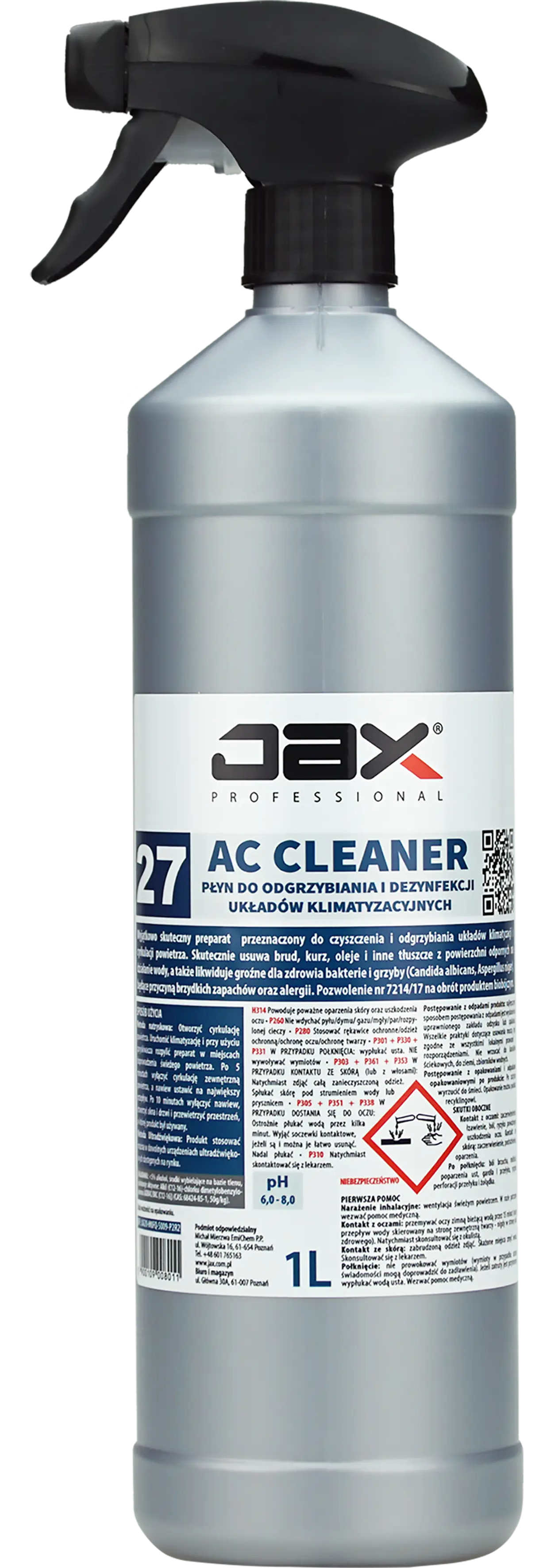 JAX Ac cleaner 27 1L Płyn do czyszczenia i odgrzybiania układów klimatyzacji Profesjonalny i jednocześnie łatwy w użyciu preparat do odgrzybiania i dezynfekcji układów klimatyzacyjnych. Wykazuje aktywne działanie bakteriobójcze i grzybobójcze. Zlikwiduje nieprzyjemny zapach i sprawi, że we wszystkich klimatyzowanych pomieszczen...