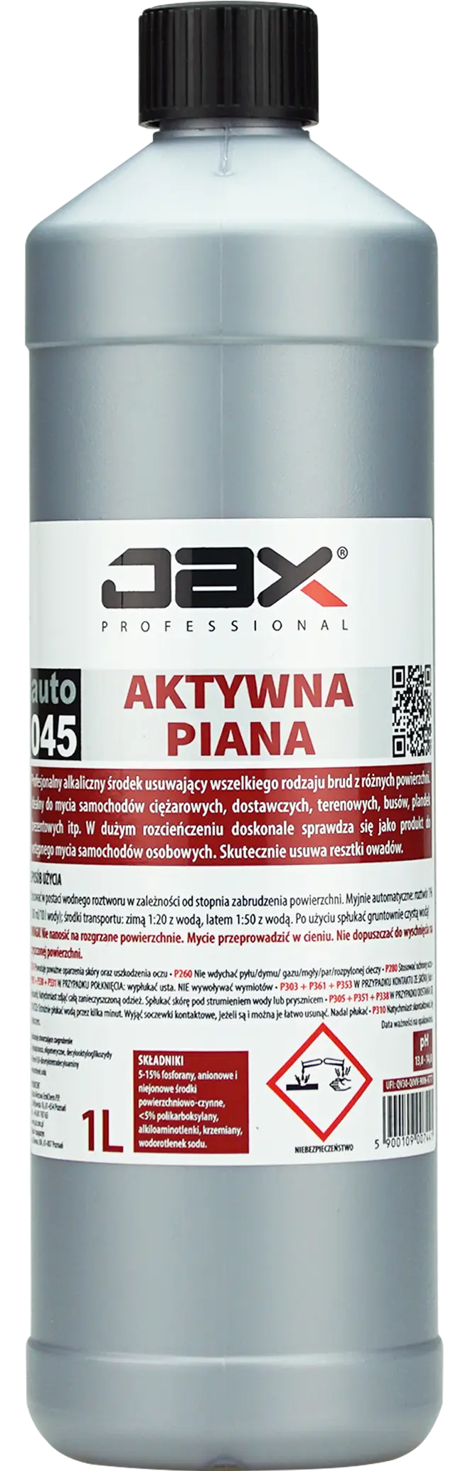 JAX Aktywna piana 45 1L JAX Professional Aktywna piana 1L do czyszczenia pojazdów w srebrnym pojemniku z czarną nakrętką