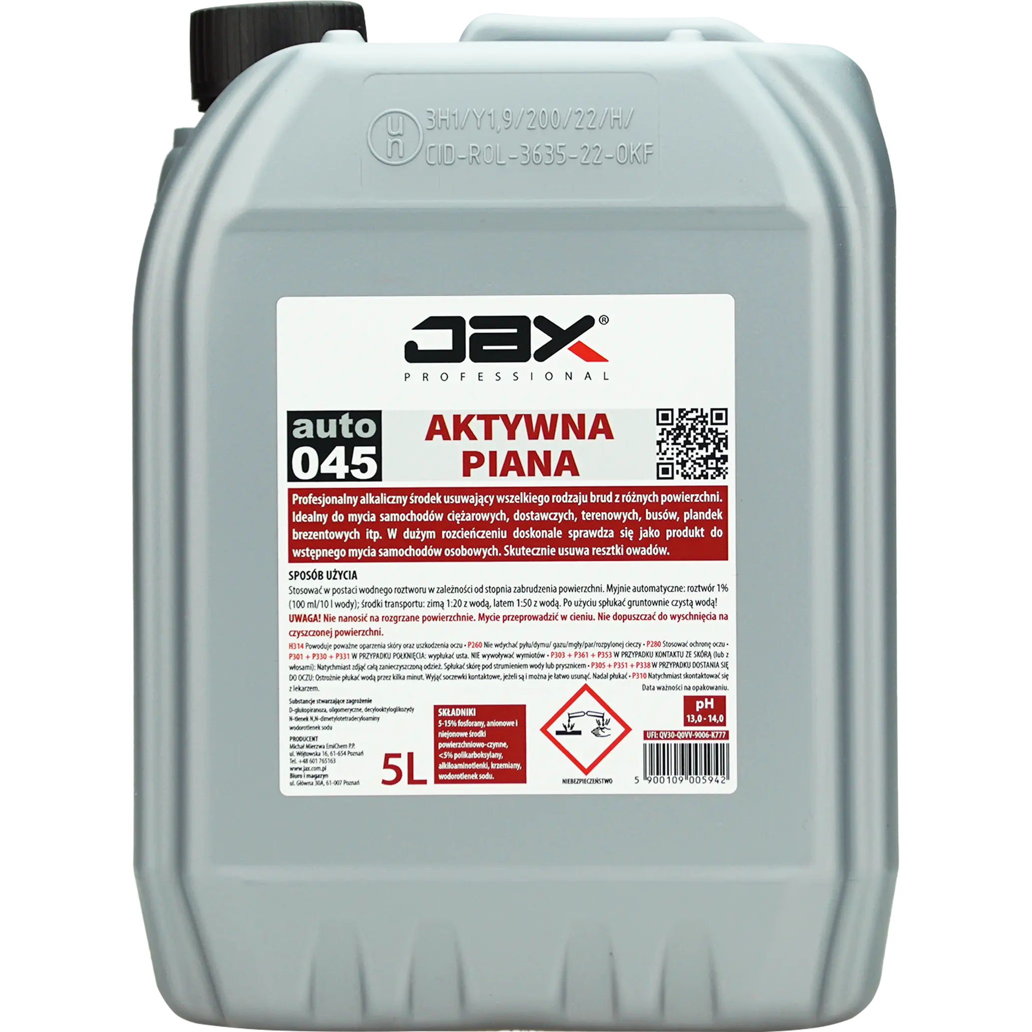 JAX Aktywna piana 045 5L, wysoko alkaliczny środek do mycia samochodów w kanisterze.