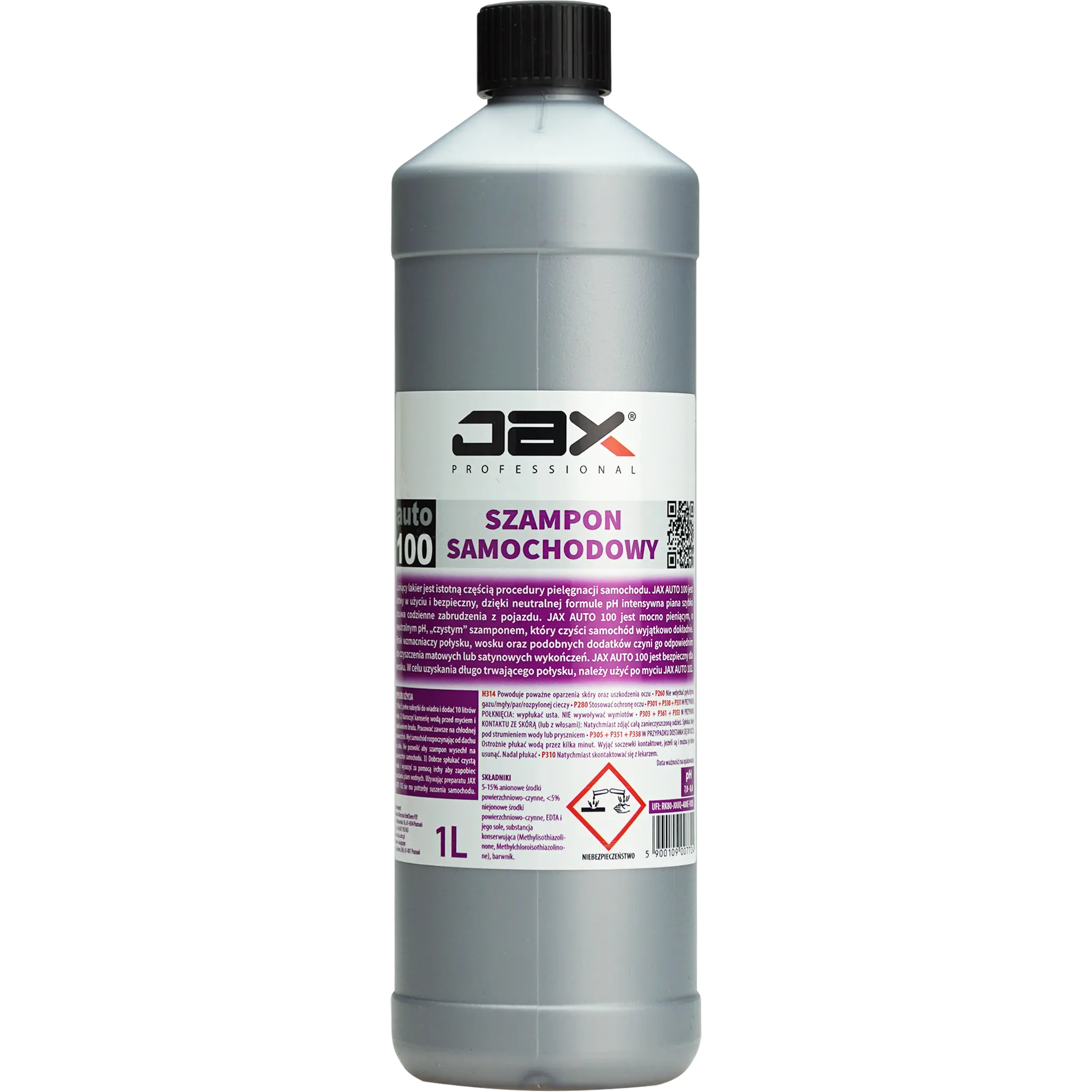 JAX szampon samochodowy AUTO 100 1L w srebrnej butelce z czarną nakrętką