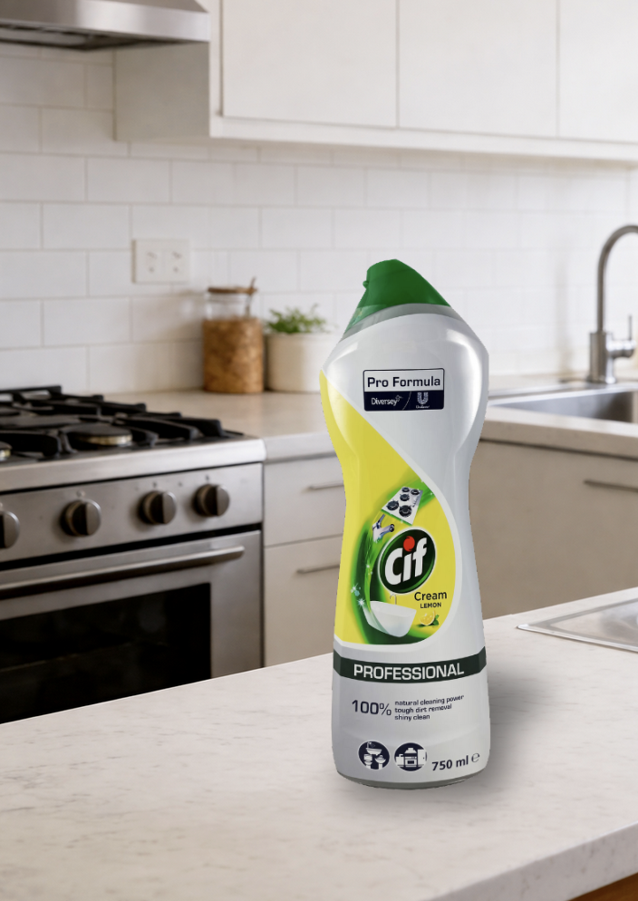 CIF Cream Lemon mleczko do szorowania 750ml Professional, butelka z żółto-zieloną etykietą na blacie kuchennym.