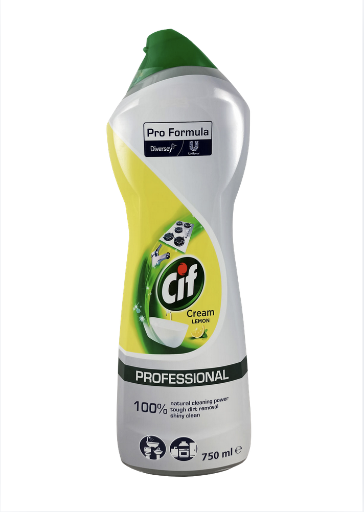 CIF Cream Lemon mleczko do szorowania 750ml Professional, butelka żółto-biała z zielonym wieczkiem.