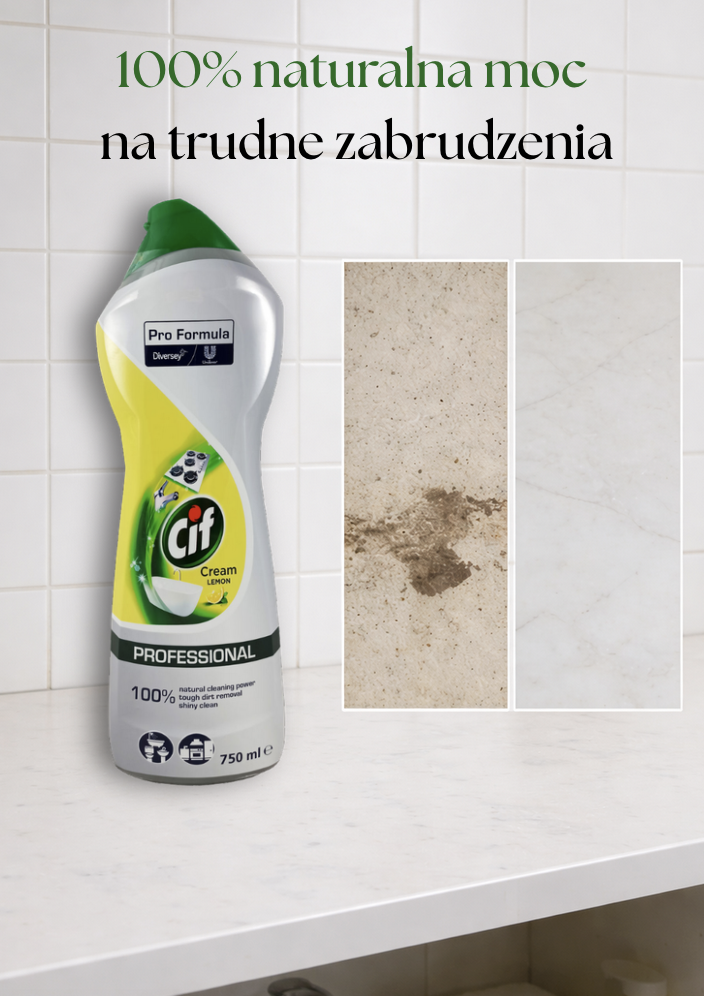 CIF Żółte Citrus mleczko do szorowania 750ml Professional z mikrokryształkami, butelka na tle białych kafelek.